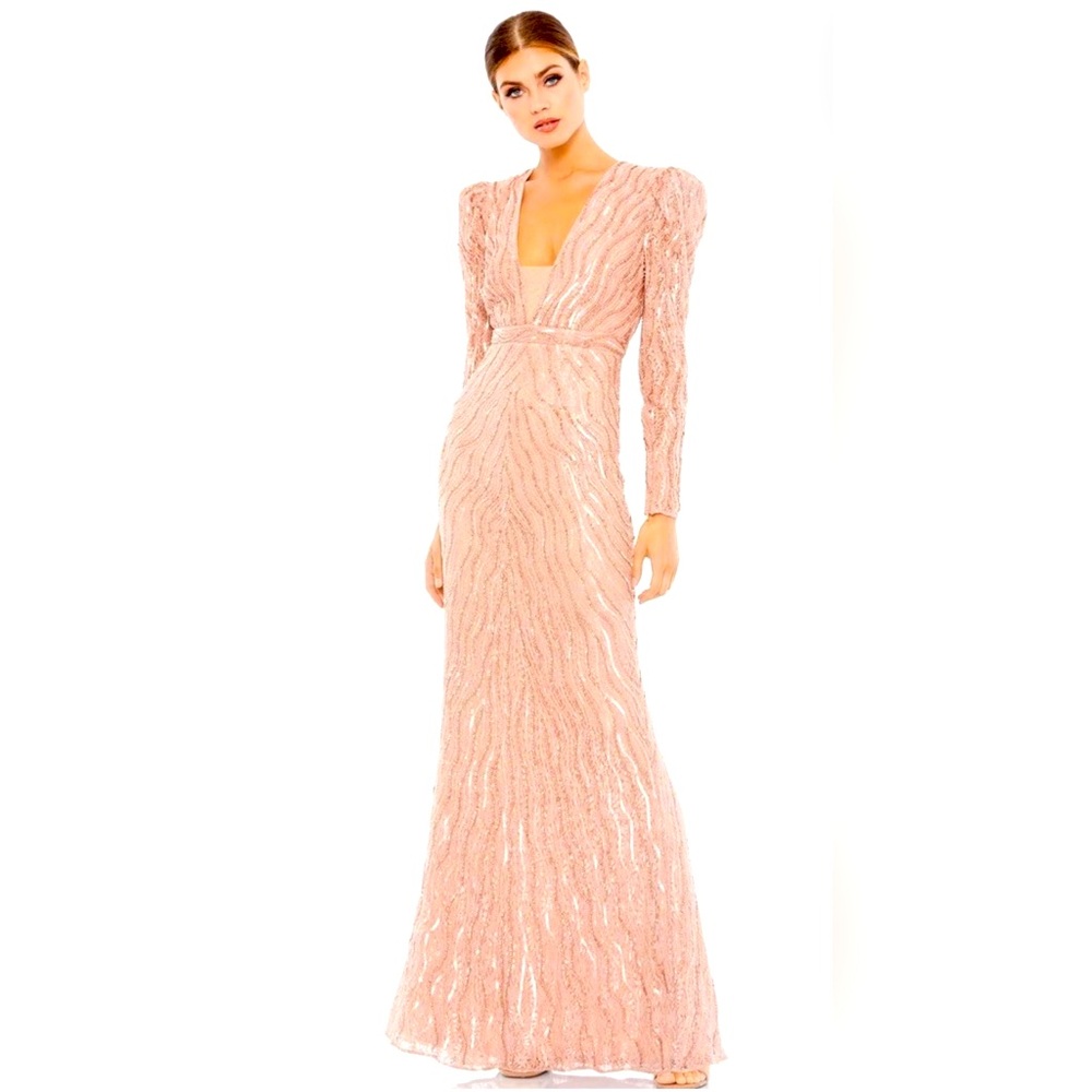 *Mac Duggal Beaded Puff Sleeve Deep Illusion V-neck Gown in Mocha Size 2C